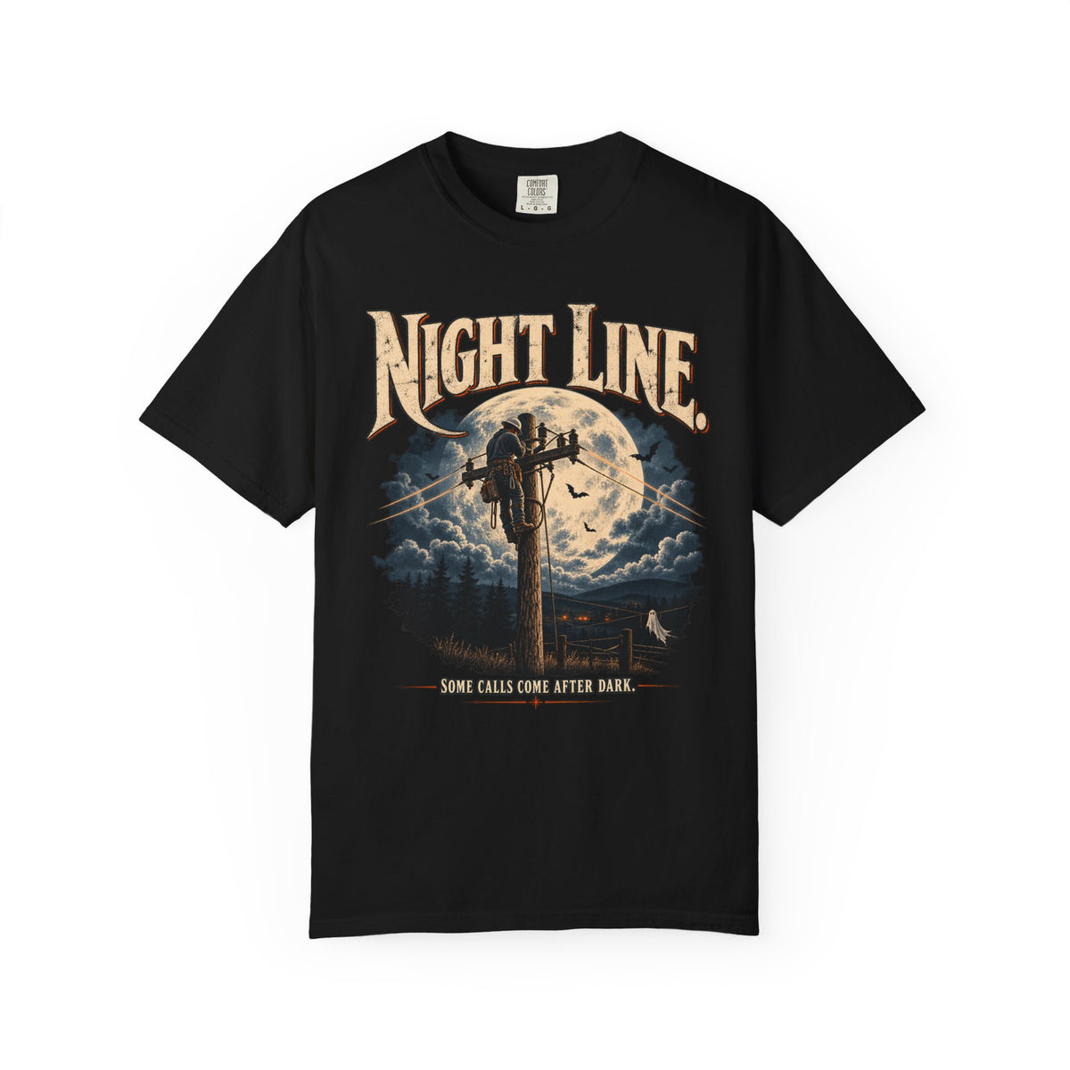 Night Line Lineman T-Shirt — Halloween Power Line Workwear Tee